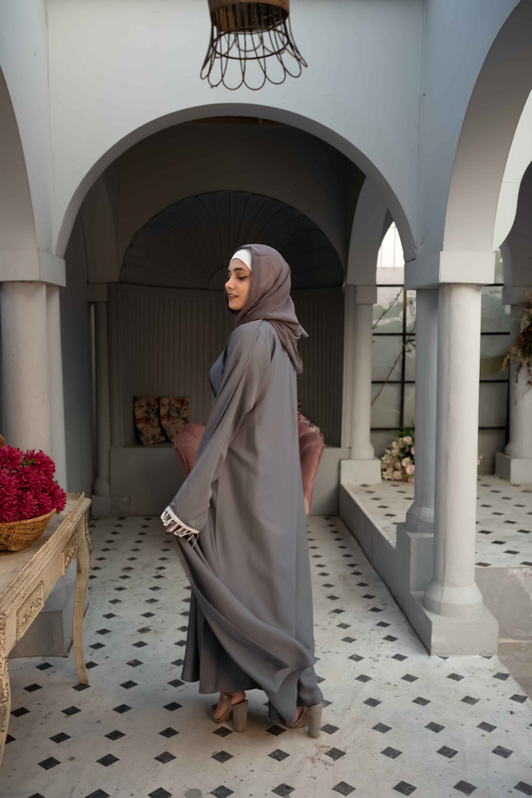 Slate Grace Stone-Accented Abaya (3-Piece Set)