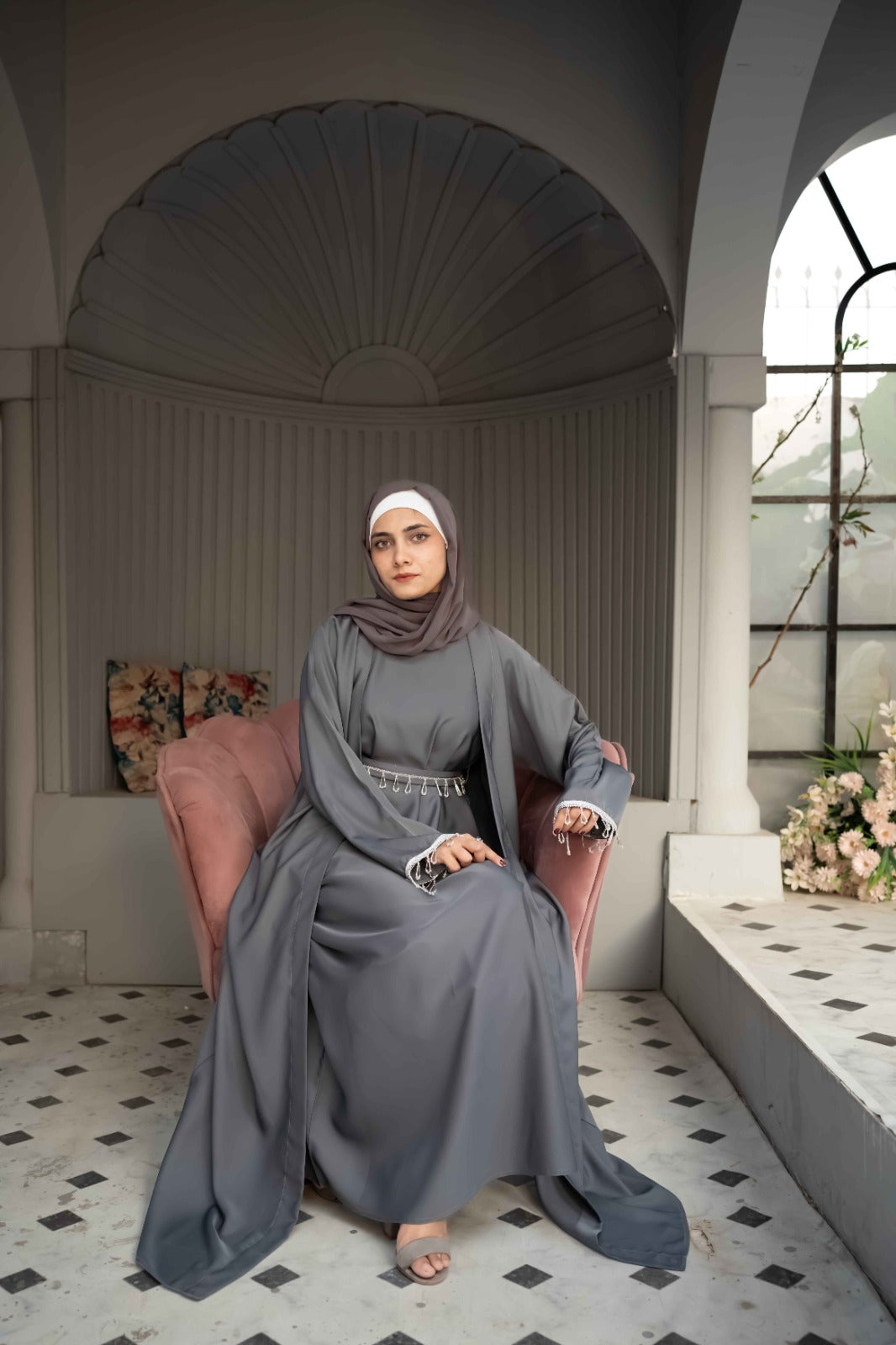 Slate Grace Stone-Accented Abaya (3-Piece Set)