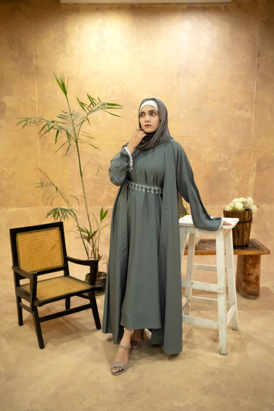 Slate Grace Stone-Accented Abaya (3-Piece Set)