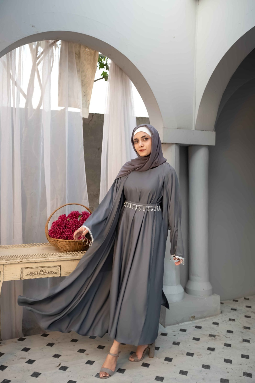 Slate Grace Stone-Accented Abaya (3-Piece Set)